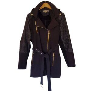 Michael Kors Black Quilted Sleeve Belted Coat with Gold Hardware